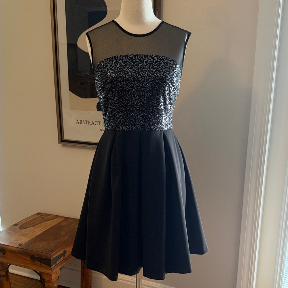 Festive Black Sleeveless Mini Dress, perfect for the holidays!